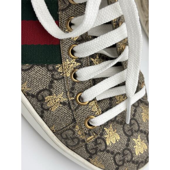 Gucci Ace GG Bee Shoes Supreme Sneakers Women’s Size 37.5 Web Stripe Brown Gold - Picture 10 of 16